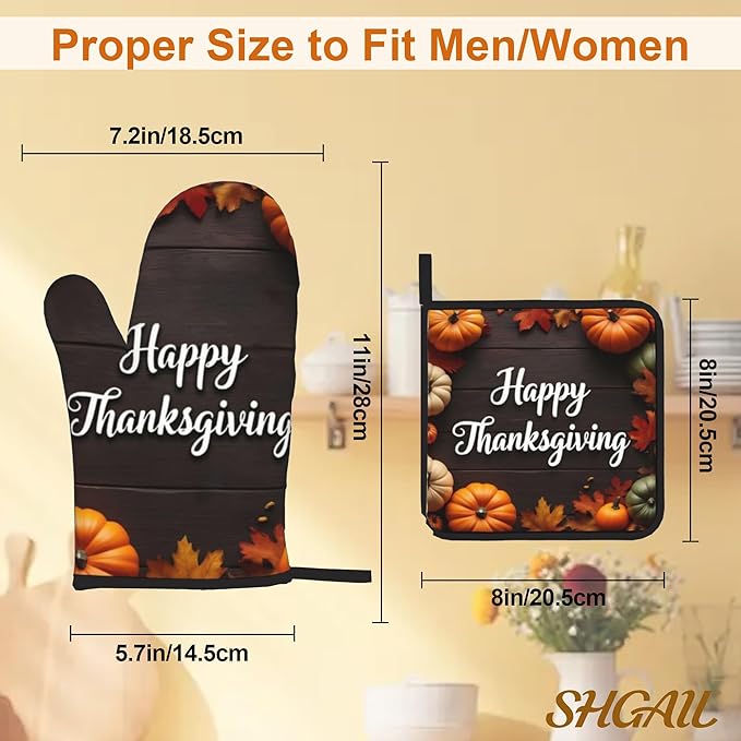 Happy Thanksgiving Pumpkin Oven Mitts with Matching Potholders - Heat Resistant Kitchen Accessories for Baking, Grilling, Cooking, Gifts for Women