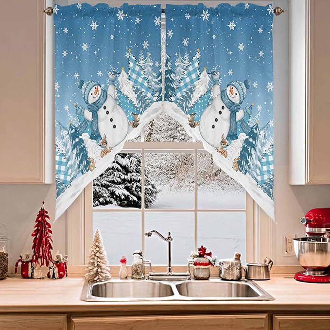Christmas Snowman Swag Valance Curains Winter Xmas Tree Snowflakes Gradient Blue Rod Pocket Kitchen Curtains Scalloped Window Treatment Valances Swag for Living Room Bedroom, 1 Pair, 36"W x 45"L
