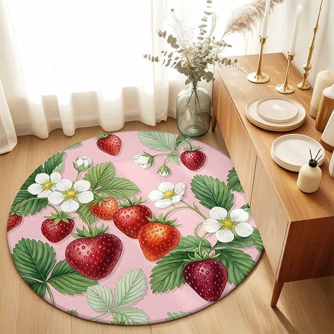 Washable Round Area Rug Summer Strawberry Bush on Pink Circle Rugs Floor Carpet for Living Room Bedroom, Forest Green Foliage Soft Non Slip Round Rug 5ft