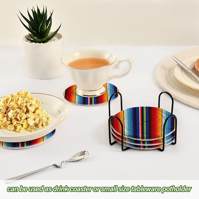 YETTASBIN Mexican Blanket Stripes 6 Pcs Drink Coasters with Holder, Cotton Woven Absorbent Heat-Resistant Round Coaster Non-Slip Table Mat for Kitchen Bar Home Decor Housewarming Gift, 3.9 in