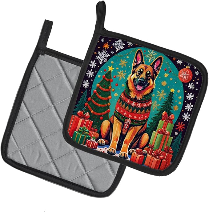 Caroline's Treasures German Shepherd Christmas Pair of Pot Holders Kitchen Heat Resistant Pot Holders Sets Oven Hot Pads for Cooking Baking BBQ, 7 1/2 x 7 1/2