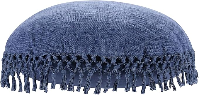 Indigo Ink Round Navy Blue Decorative Throw Pillow with Tassels - 20" x 20" | Cotton Throw Cushion for Couch, Chair, Bed | Cute Home Decor | Soft Plush Filling | Tufted Medallion Collection
