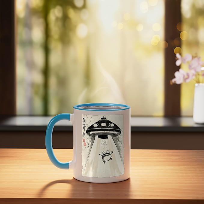 Ukiyo-e Style UFO Abducting Cute Frog Ink Art Painting Ceramic Mug, Blue/White