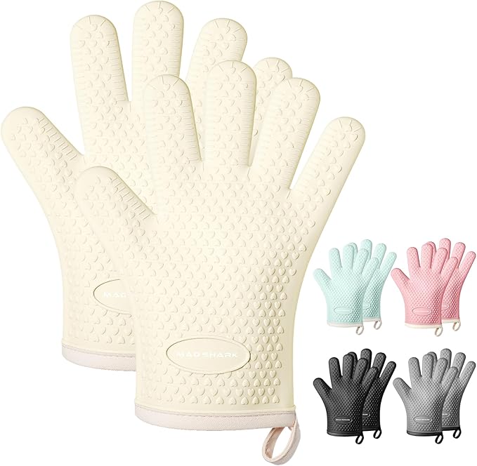 MAD SHARK Silicone Oven Mitts Heat Resistant 450°F,Waterproof & Non-Slip Oven Gloves with Fingers,Cotton Lined Silicone Oven Gloves Kitchen Mitts for Baking Cooking Barbecue,Women,Oven (White)