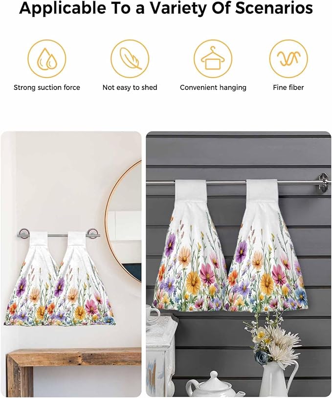 Alandar Home Kitchen Tie Towel Set of 2, Country Flower Leaf Watercolor Plant Absorbent Soft Hand Towels for Bathroom Hanging Towels, Wildflower Floral Fast Drying Cleaning Cloth with Loop