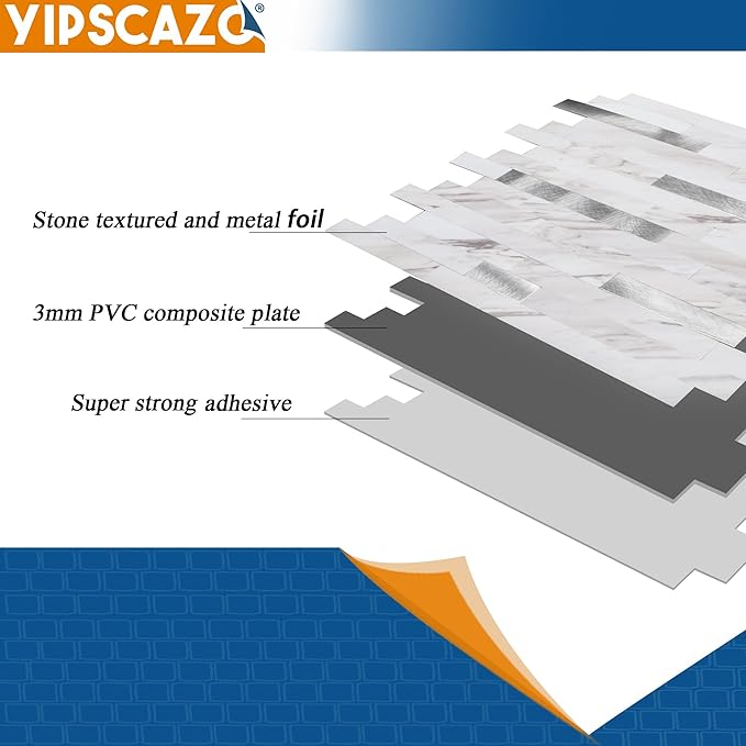 Yipscazo 2026 New Upgrade Peel and Stick Stone Metal Tile Backsplash, Stick on Tiles for Backsplash Kitchen, Bathroom, Fireplace (10 Sheets, Bright Carla White)