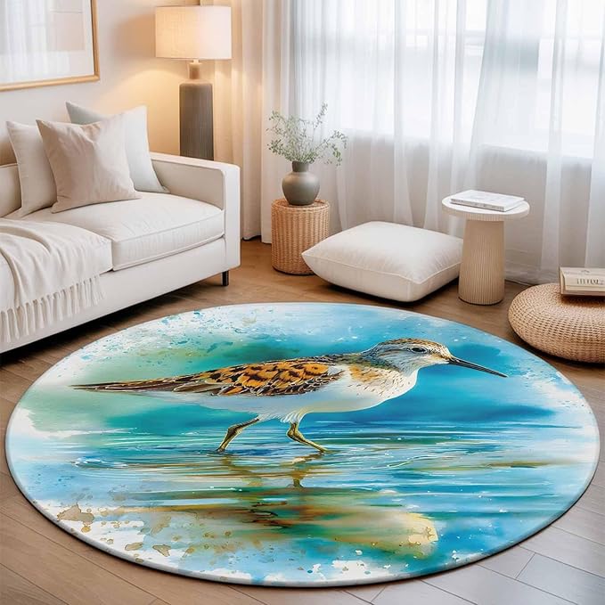 Washable Round Area Rug Natural Lake Bird Water Reflection Circle Rugs Floor Carpet for Living Room Bedroom, Animal Splatter Art Soft Non Slip Round Rug 5ft