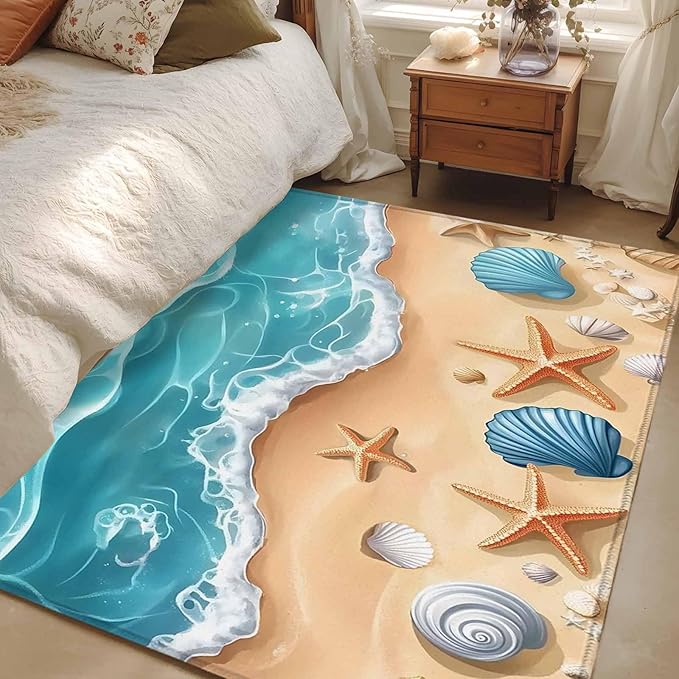 Area Rug 3x5ft, Summer Beach Shell Starfish Washable Rugs for Living Room Bedroom, Marine Life Cartoon Style Soft Non-Slip Area Rugs Rectangle Floor Carpet for Dining Room