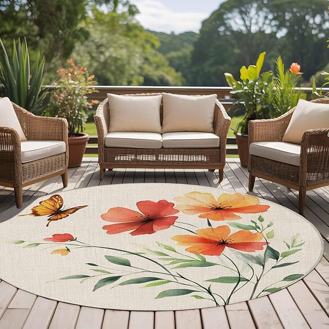 Washable Round Area Rug Summer Watercolor Flower Butterfly Circle Rugs Floor Carpet for Living Room Bedroom, Green Leaves Retro Linen Soft Non Slip Round Rug 5ft