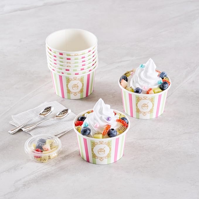 Coppetta 8 Ounce Dessert Cups, 200 Greaseproof Ice Cream Cups - Lids Sold Separately, For Hot And Cold Foods, Green And Pink Stripe Paper Yogurt Bowls, Disposable, Sturdy - Restaurantware