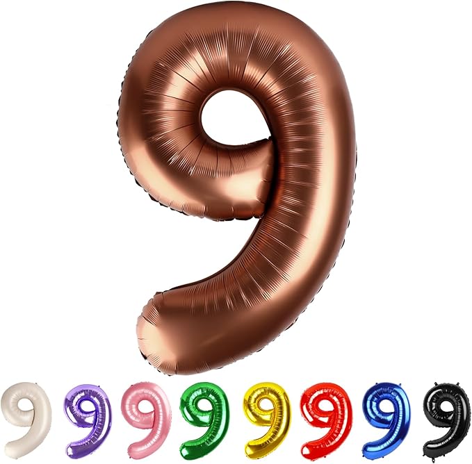 Number Balloons 40 Inch Coffee Brown Large 9 Balloon, Number 9 Foil Mylar Balloons Decorations for 9 19 29 90 Birthday Party, Engagement, Wedding, Anniversary