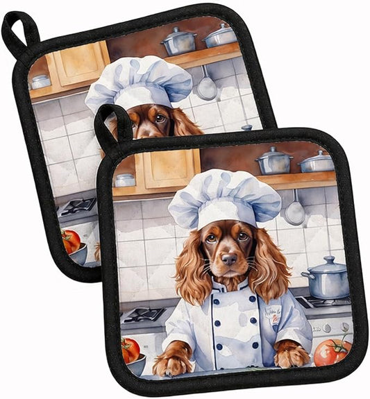 Caroline's Treasures English Cocker Spaniel The Chef Pair of Pot Holders Kitchen Heat Resistant Pot Holders Sets Oven Hot Pads for Cooking Baking BBQ, 7 1/2 x 7 1/2