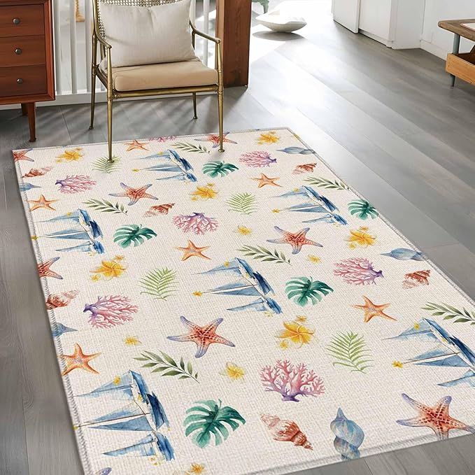 Area Rug 3x5ft, Summer Sea Starfish Sailboat Washable Rugs for Living Room Bedroom, Marine Life Coral on Linen Soft Non-Slip Area Rugs Rectangle Floor Carpet for Dining Room