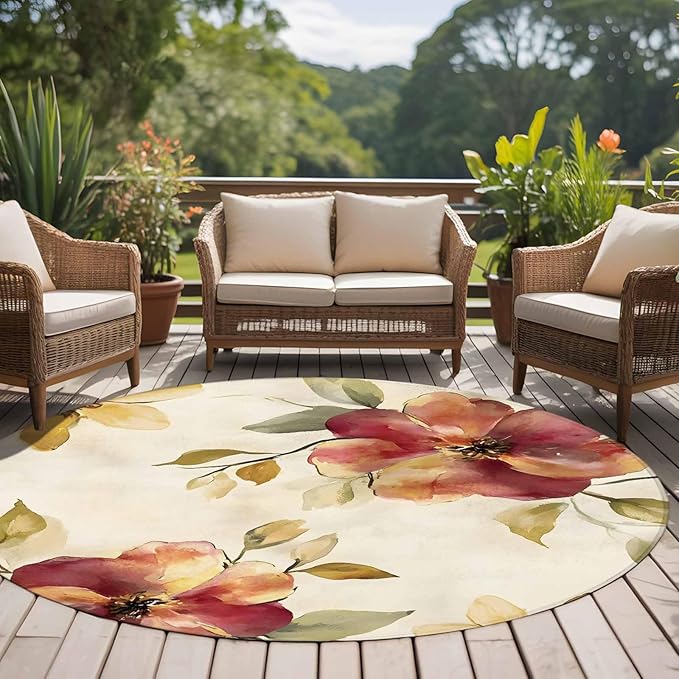 Washable Round Area Rug Oil Painting Style Flowers Circle Rugs Floor Carpet for Living Room Bedroom, Vintage Country Floral Soft Non Slip Round Rug 5ft
