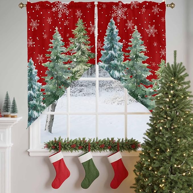 Christmas Tree Swag Valance Curains Winter Pine Tree Xmas Forest Snowflakes Red Rod Pocket Kitchen Curtains Scalloped Window Treatment Valances Swag for Living Room Bedroom, 1 Pair, 36"W x 45"L