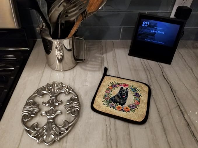 Caroline's Treasures Belgian Sheepdog and Flowers Pair of Pot Holders Kitchen Heat Resistant Pot Holders Sets Oven Hot Pads for Cooking Baking BBQ, 7 1/2 x 7 1/2