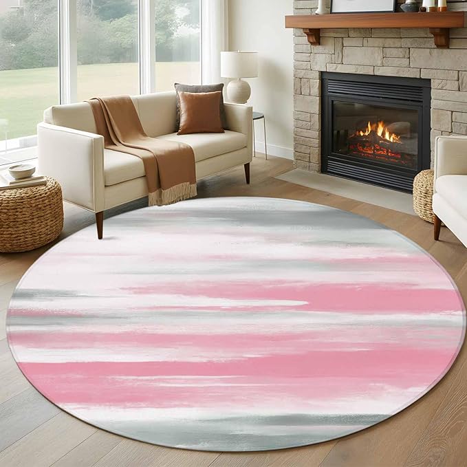 Washable Round Area Rug Pink Grey Mottled Texture Seamless Circle Rugs Floor Carpet for Living Room Bedroom, Gradient Abstract Art Soft Non Slip Round Rug 5ft