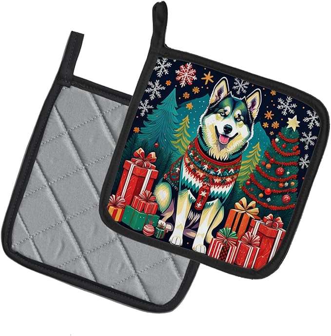 Caroline's Treasures Alaskan Malamute Christmas Pair of Pot Holders Kitchen Heat Resistant Pot Holders Sets Oven Hot Pads for Cooking Baking BBQ, 7 1/2 x 7 1/2