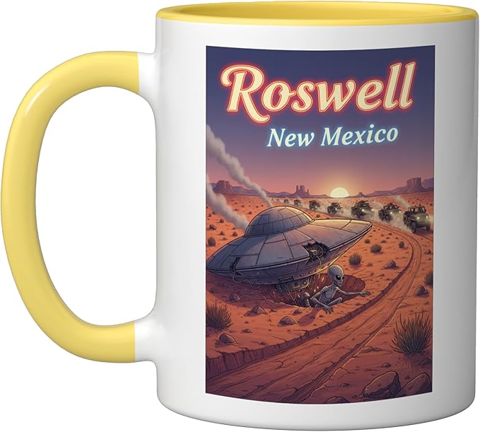 Roswell New Mexico UFO Crash in the Desert Alien Souvenir Ceramic Mug, Yellow/White