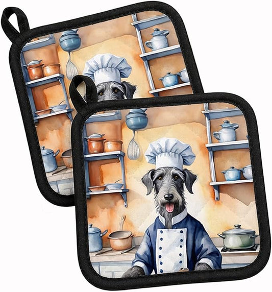 Caroline's Treasures Scottish Deerhound The Chef Pair of Pot Holders Kitchen Heat Resistant Pot Holders Sets Oven Hot Pads for Cooking Baking BBQ, 7 1/2 x 7 1/2