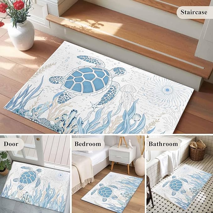 Area Rug 2x3ft, Blue Sea Turtles Stars Corals Washable Rugs for Living Room Bedroom, Vintage Marine Life Soft Non-Slip Area Rugs Rectangle Floor Carpet for Dining Room
