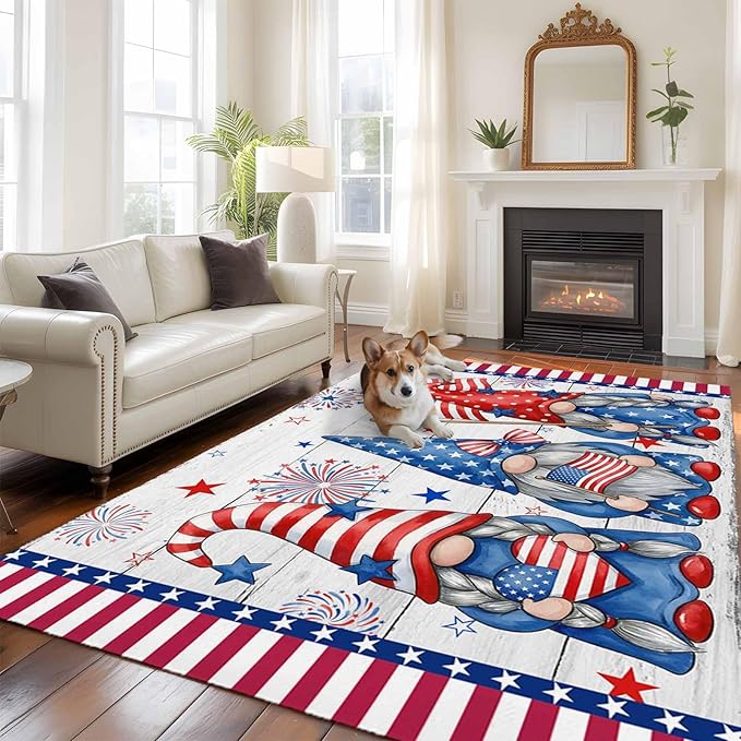 Area Rug 6x9ft, Independence Day USA Flag Star Dwarf Washable Rugs for Living Room Bedroom, Stripes on Wood Grain Soft Non-Slip Area Rugs Rectangle Floor Carpet for Dining Room