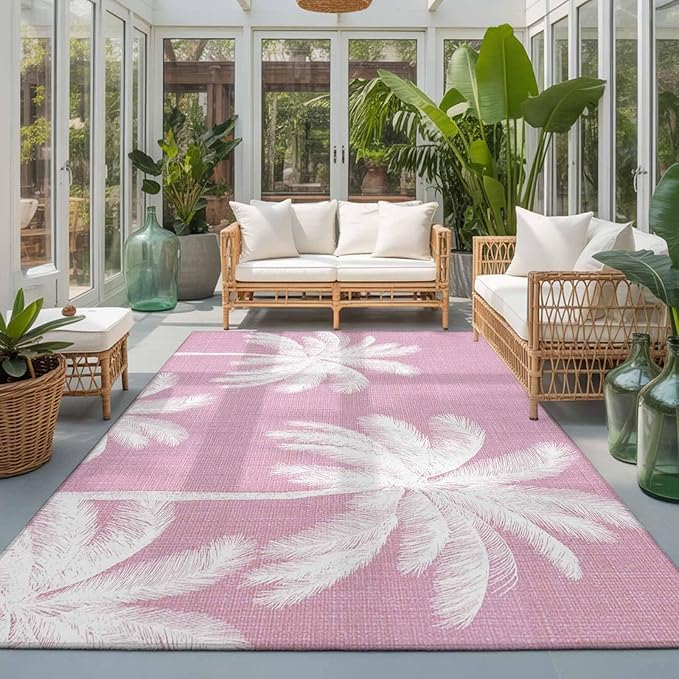 Area Rug 3x5ft, Boho Pink Palm Trees Vintage Washable Rugs for Living Room Bedroom, Summer Tropical Leaves Soft Non-Slip Area Rugs Rectangle Floor Carpet for Dining Room