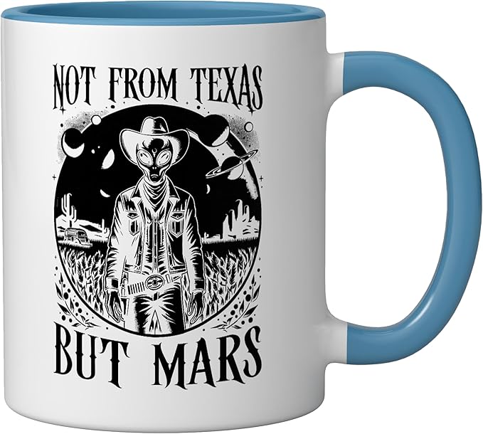 Alien Lover Flying Saucer UFO Extraterrestrial Cowboy Ceramic Mug, Blue/White