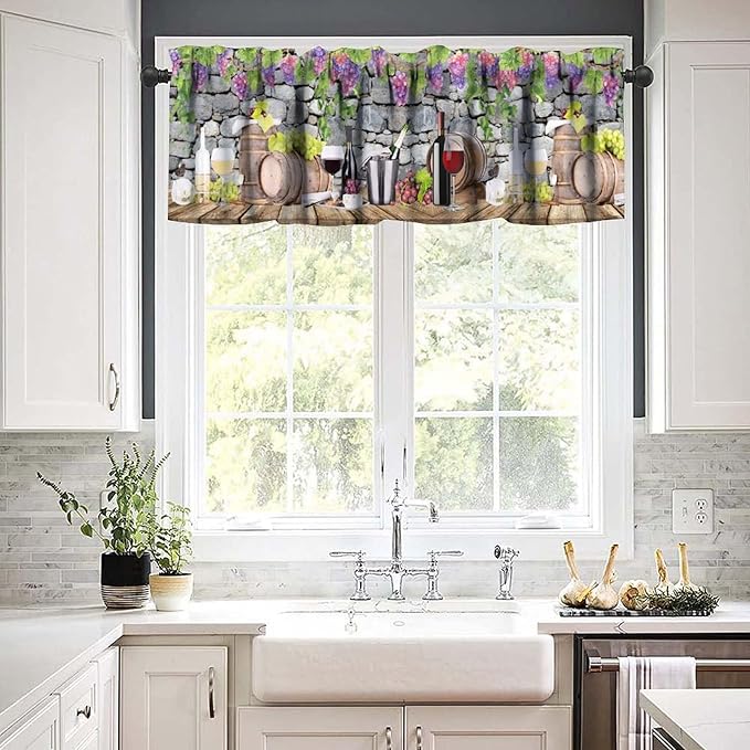 Wine Kitchen Valance, Vineyard Harvest Grapevine Wine Barrel Farmhouse Spring Summer Short Window Drapes for Dining Resturant Party Outdoor Garden Decor, 54x18Inch