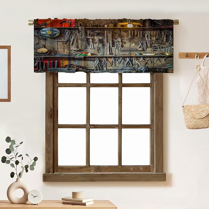 Man Cave Valance Curtain Vintage Style Tools Hanging on The Wall in a Tool Shed Workshop Fixing Equipment Rod Pocket Valance Window Treatments 1 Panel Short Curtains 54 x 18 in