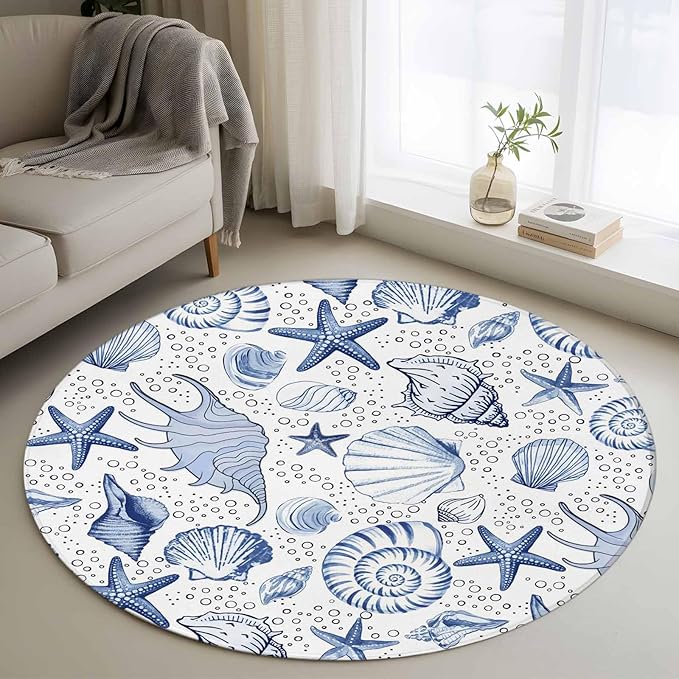 Washable Round Area Rug Navy Blue Starfish Conch Shell Seamless Circle Rugs Floor Carpet for Living Room Bedroom, Summer Ocean Bubbles Soft Non Slip Round Rug 4ft