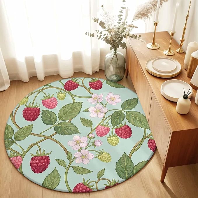 Washable Round Area Rug Farmhouse Berry Red Pink Blossoms Flower Circle Rugs Floor Carpet for Living Room Bedroom, Green Leaves Soft Non Slip Round Rug 5ft