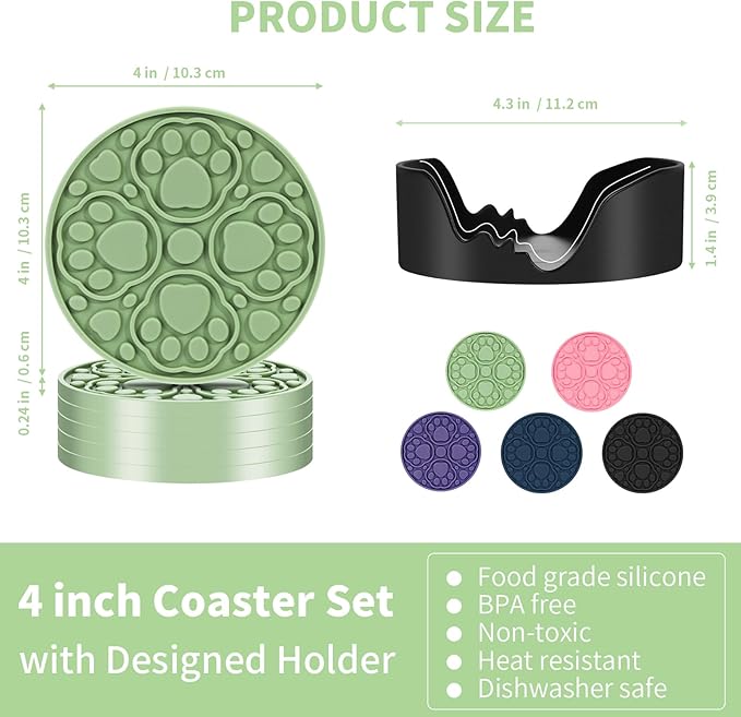 Green Silicone Coasters Set of 6 with Holder, 4 Inch Non-Slip Decorative Cup Mats, Heat-Resistant & Waterproof Drink Coasters for Tabletop, Desk, Bar, Coffee Table, Office & Kitchen