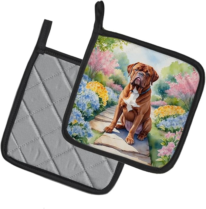 Caroline's Treasures Dogue de Bordeaux Spring Path Pair of Pot Holders Kitchen Heat Resistant Pot Holders Sets Oven Hot Pads for Cooking Baking BBQ, 7 1/2 x 7 1/2