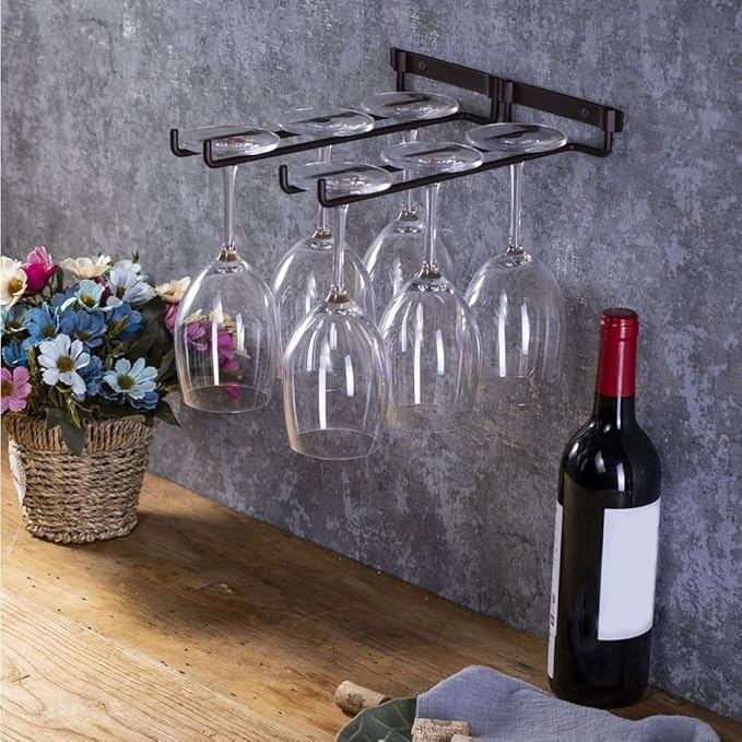 Wall Mount Hanger Supplies Hanging Stemware Under Cabinet Home Kitchen Holder Shelf Bar Wine Rack Double Row (Color : A)