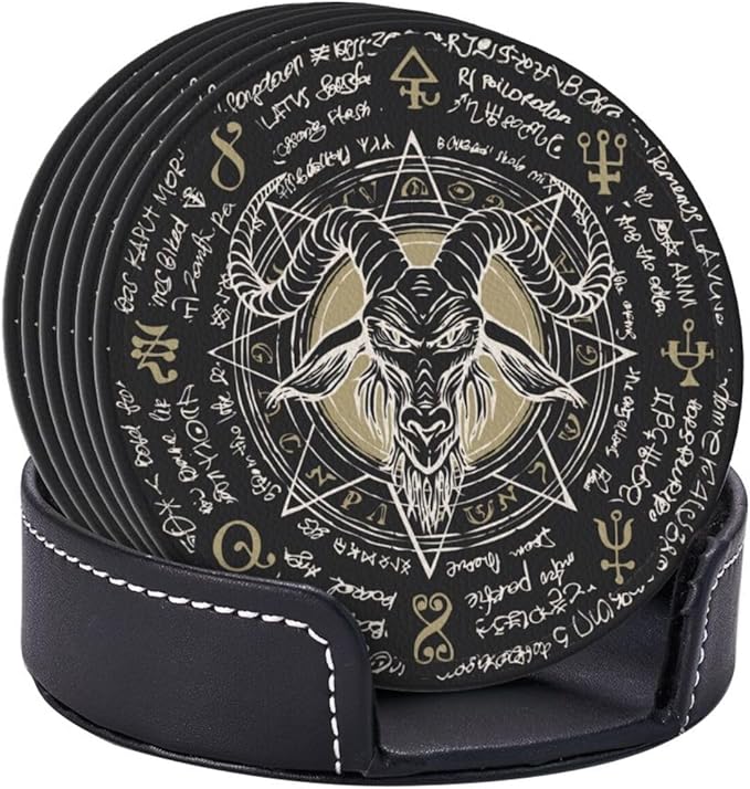 Satanic Goat Star Leather Drinks Coasters with Holder, Set of 6, Suitable for Various Cups
