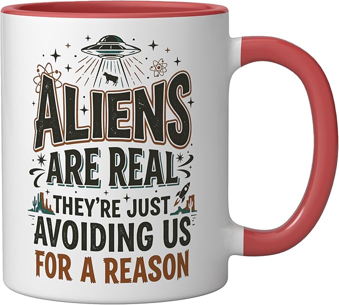 Aliens UFO Space Sci Fi Believer Extraterrestrial Ceramic Mug, Red/White
