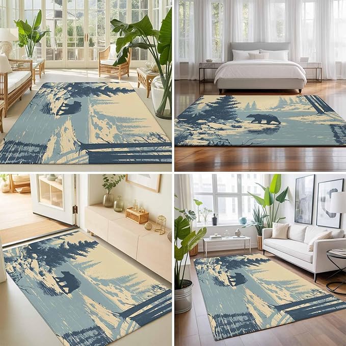 Area Rug 8x10ft, Winter Bear Evergreen Trees Washable Rugs for Living Room Bedroom, Rustic Snow River Soft Non-Slip Area Rugs Rectangle Floor Carpet for Dining Room