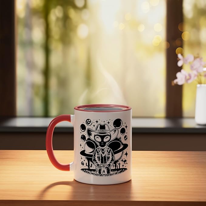 Alien Lover Flying Saucer UFO Extraterrestrial Cowboy Ceramic Mug, Red/White