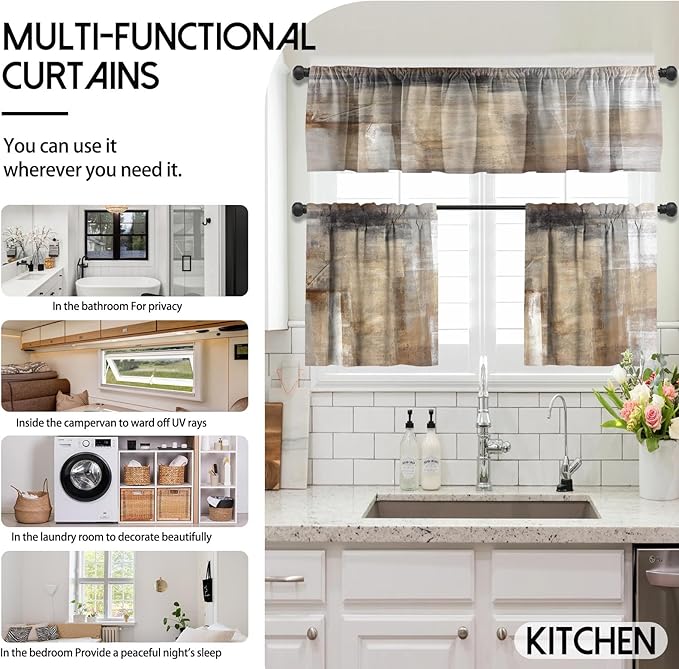 MCALK Brown Blackout Kitchen Curtains Tiers and Valances for Windows, Beige Kitchen Window Curtains, Modern Abstract Art Valances for Living Room (36" Tiers Set)