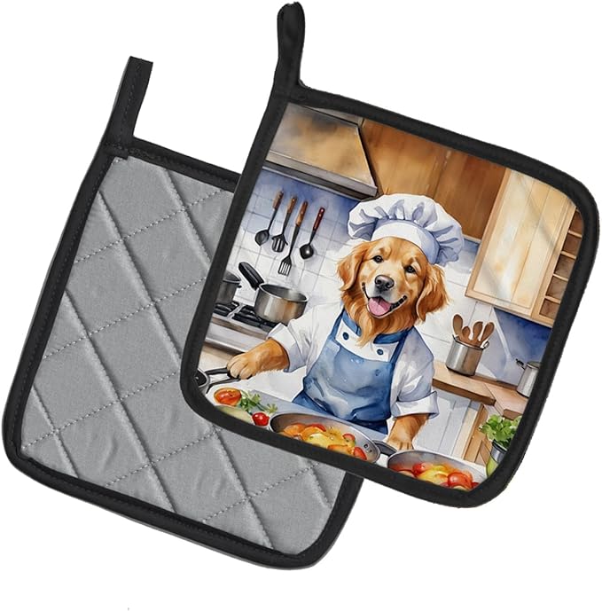 Caroline's Treasures Golden Retriever The Chef Pair of Pot Holders Kitchen Heat Resistant Pot Holders Sets Oven Hot Pads for Cooking Baking BBQ, 7 1/2 x 7 1/2