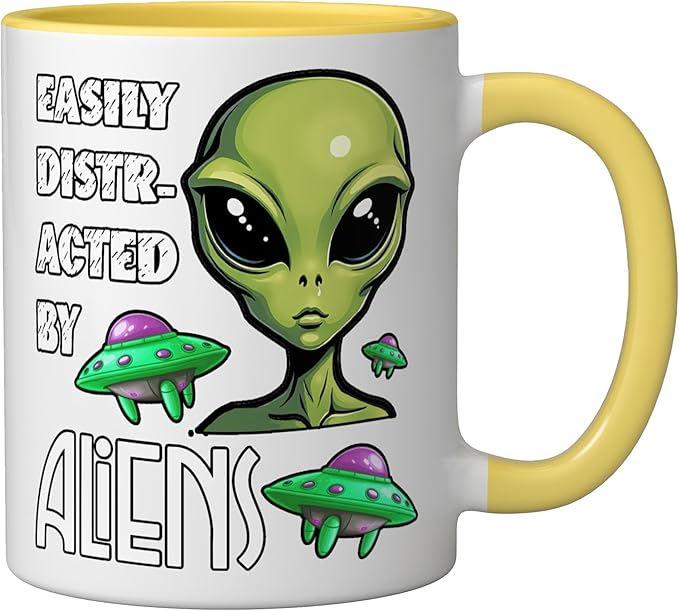 Easily Distracted By Aliens Funny Sci Fi Apparel Design Ceramic Mug, Yellow/White