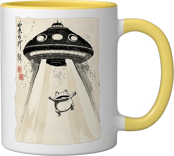 Ukiyo-e Style UFO Abducting Cute Frog Ink Art Painting Ceramic Mug, Yellow/White