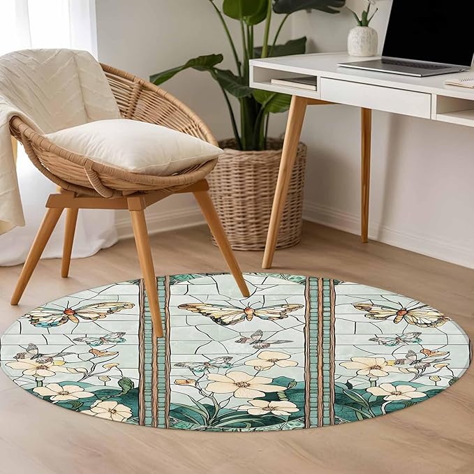 Washable Round Area Rug Spring Flower Colorful Butterfly Circle Rugs Floor Carpet for Living Room Bedroom, Vintage Green Plant Soft Non Slip Round Rug 4ft