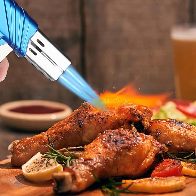 mollie Mini Butane Torch Lighter with Adjustable Flame, Small Refillable Kitchen Cooking Blow Torch for Creme Brulee, Windproof Baking Torch with Safety Lock, Blue 2-Pack (Butane Gas Not Included)