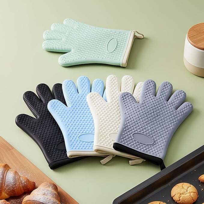 Silicone Oven Mitts Heat,1 Pair Non-Slip Five-Finger Oven Gloves, Waterproof Flexible BBQ Grilling Gloves with Hanging Loops, Kitchen Mitts for Baking Cooking Frying (Green)