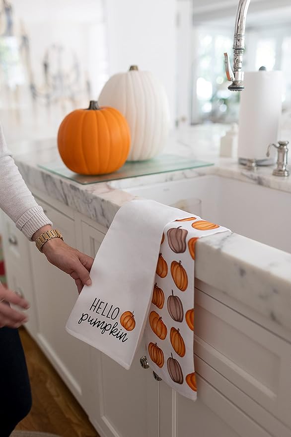 Pearhead Fall Pumpkin Tea Towels Set of 2, Autumn Kitchen Dish Towels with Hello Pumpkin Print and Pumpkin Pattern, Decorative Cotton Hand Towels for Cooking, Baking, and Seasonal Home Décor