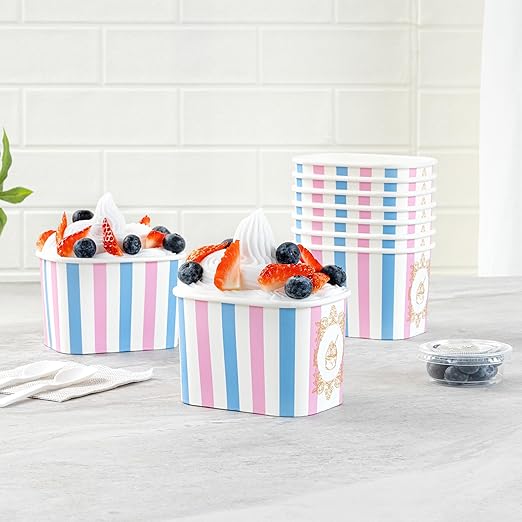 Restaurantware Paper Cups 50 Count 12 Ounce Square Disposable Ice Cream Containers, Leak-Resistant Paper Dessert To Go Cups, Hot And Cold Food, Durable Pink And Blue Stripe Design