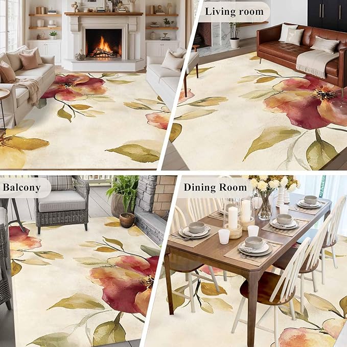 Area Rug 6x9ft, Oil Painting Style Flowers Washable Rugs for Living Room Bedroom, Vintage Country Floral Soft Non-Slip Area Rugs Rectangle Floor Carpet for Dining Room