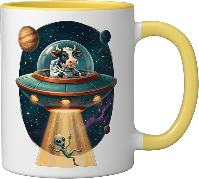 Funny Cow Astronaut UFO Abducting Alien Space Graphic Ceramic Mug, Yellow/White